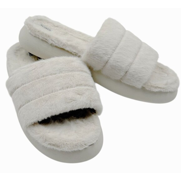 TOMS Faux Fur Quilted Slide Slippers Ivory Cozy Indoor Glam House Shoes 11 - Picture 1 of 9